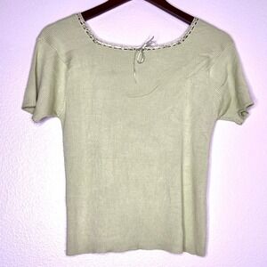 Ojai vintage Ribbed Silk knit Blend Square Neck Tie‎ Top Women's M Sage Green